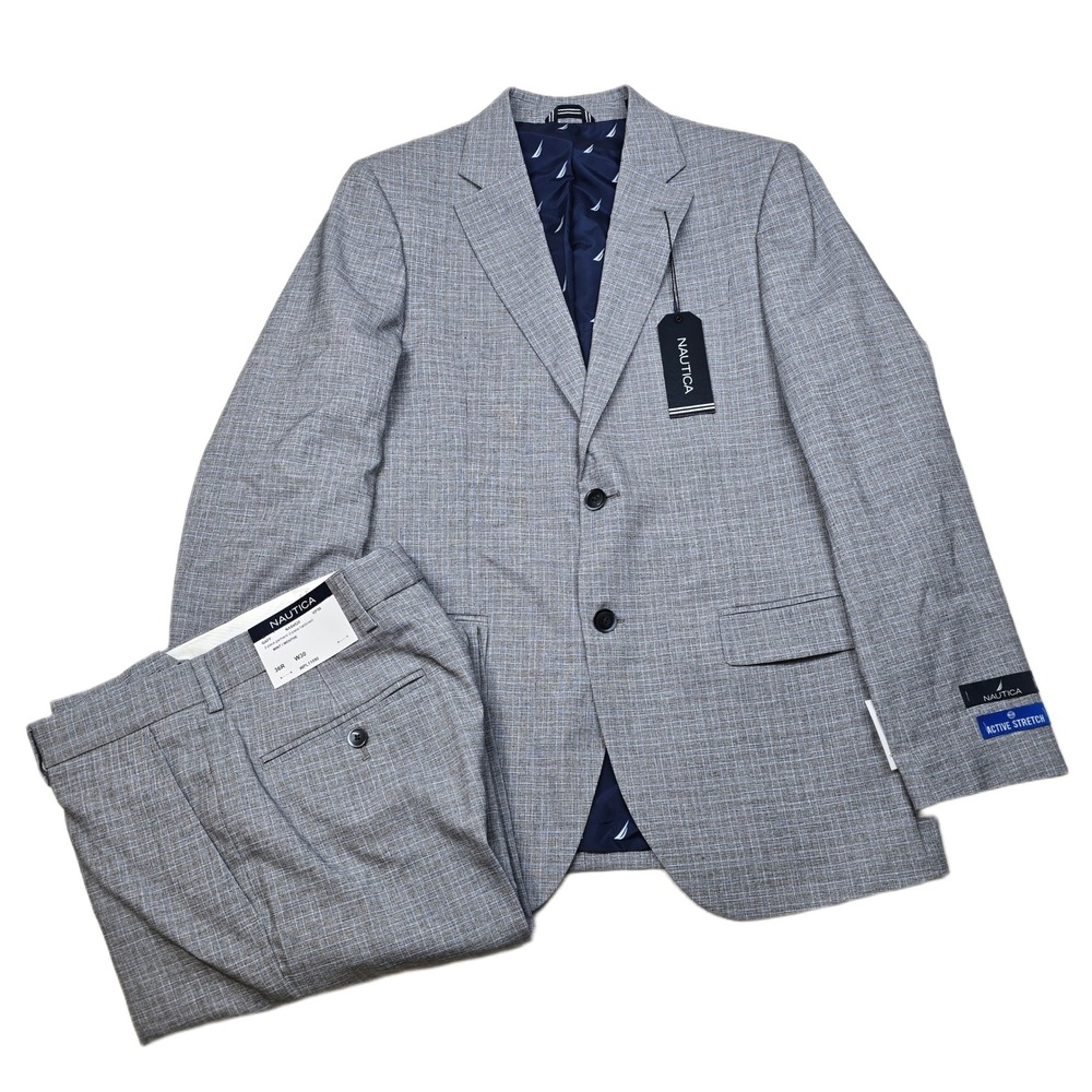 Nautica Gaff 2 Piece Suit Mens 36R Pants 30x31 Blue Gray Active Stretch‎ NEW